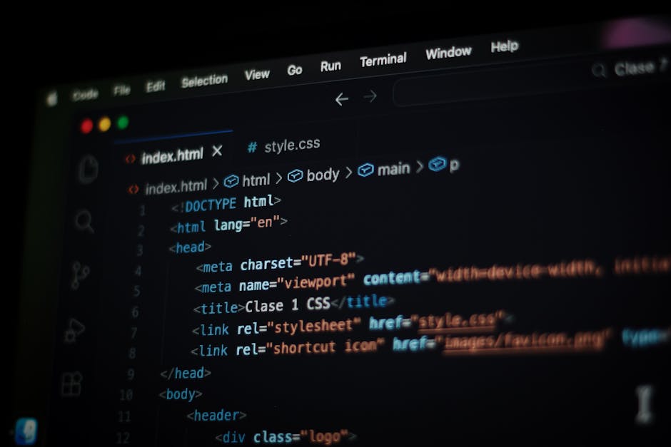 A computer screen displaying a coding interface with an HTML document opened. The code features tags such as <!DOCTYPE html>, <html>, <head>, and <body>, with some meta tags and links for styling. The